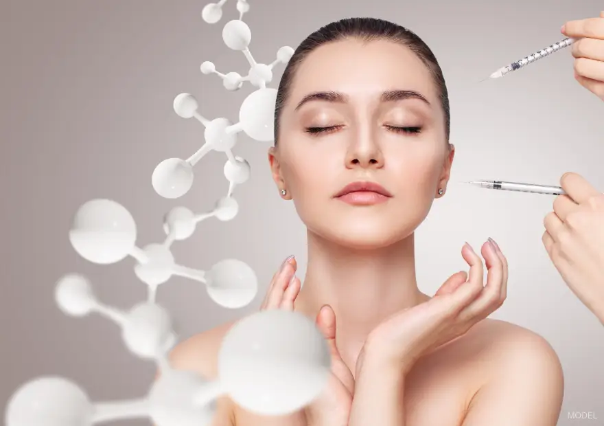 Illustration of skin double helix and hands holding injectable filers next to a woman's face