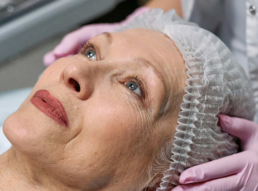 elder female patient receiving facial treatment