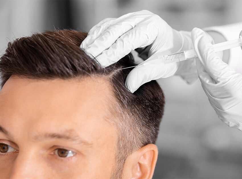 a male patient receiving an injection into his scalp